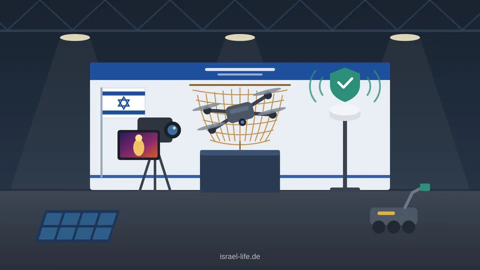 איור להמחשה: ביתן תערוכה עם רחפן שנלכד ברשת, אנטנת ניווט ומצלמה תרמית